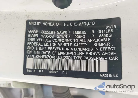 2019 Honda Civic Sport из США, поврежденный, VIN SHHFK7G41KU212074